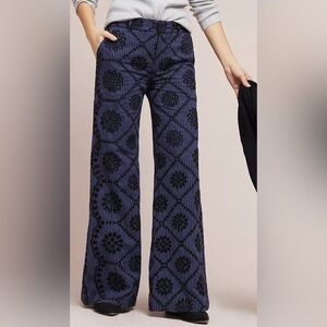 Anthropologie ETT TWA Blue & White Pinstripe Flare Pants w/ Floral Cut Out sz: 2